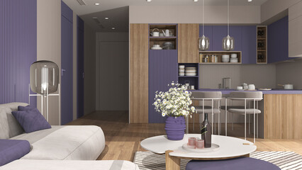 Cozy liliac and wooden living room and kitchen in modern apartment, velvet sofa with table, kitchen with island and dining table, chairs. Carpet and appliances, interior design idea