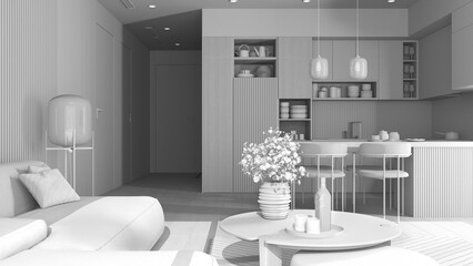 Total white project, living room and kitchen in modern apartment, velvet sofa with table, kitchen with island and dining table, chairs. Carpet and appliances, interior design idea