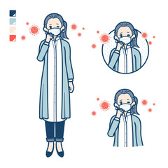 ロングシャツを着た女性がマスクをつけてせきこんでいるイラスト