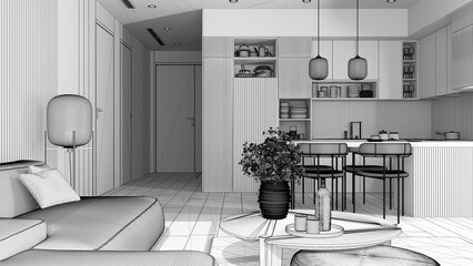 Unfinished project draft, living room and kitchen in modern apartment, sofa with table, kitchen with island and dining table, chairs. Carpet and appliances, interior design idea