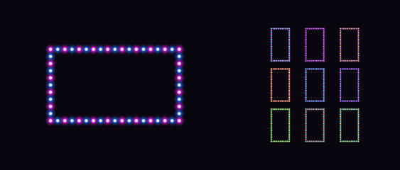 Neon rectangle frame with bicolor lamps. Glowing neon rectangle border set with bulbs