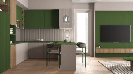 Cozy green and wooden kitchen in modern apartment, window, cabinets with pottery and pans, appliances, island and dining table with chairs. Carpet and parquet, interior design idea