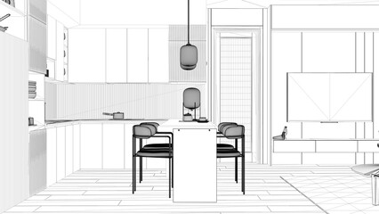 Blueprint project draft, kitchen in modern apartment, window, cabinets with pottery and pans, appliances, island and dining table with chairs. Carpet and parquet, interior design idea