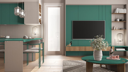 Cozy turquoise and wooden kitchen and living room in modern apartment, window, table with flowers and drink, dining with chairs. Carpet, parquet, television, interior design idea