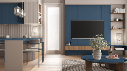 Cozy blue and wooden kitchen and living room in modern apartment, window, table with flowers and drink, dining table with chairs. Carpet and parquet, television, interior design idea