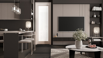 Cozy dark and wooden kitchen and living room in modern apartment, window, table with flowers and drink, dining table with chairs. Carpet and parquet, television, interior design idea