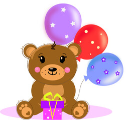 Fototapeta premium Teddy bear with baloons and gift