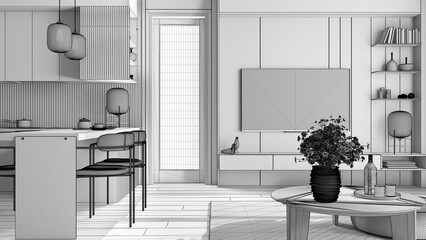 Unfinished project draft, kitchen and living room in modern apartment, window, table with flowers and drink, dining table with chairs. Carpet and parquet, television, interior design