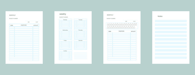A set of templates for creating a notepad planner, a diary with separate blank sheets. Budget planning for a month, a week. A4 format is ready for printing.