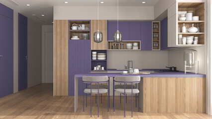 Cozy liliac and wooden kitchen and dining room in modern apartment, table with velvet chairs. Cabinets and shelves with potteries, pans and appliances. Parquet, interior design idea