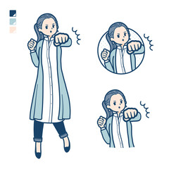 ロングシャツを着た女性が正面にパンチしているイラスト