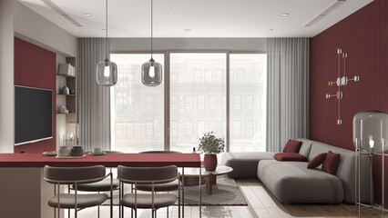 Cozy red and wooden living room with kitchen in modern apartment, velvet sofa with table, kitchen with island and dining table, chairs. Big panoramic window, interior design idea