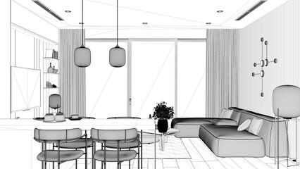 Blueprint project draft, living room with kitchen in modern apartment, sofa with table, kitchen with island and dining table, chairs. Big panoramic window, interior design idea