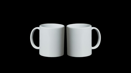 Two white cups on black background facing each other