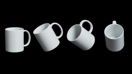 Four white cups on black background in different positions