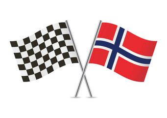 Checkered (racing) and Norway crossed flags, isolated on white background. Vector icon set. Vector illustration.