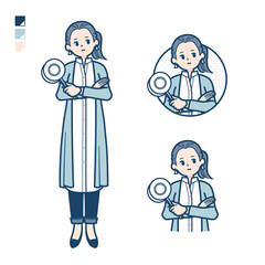 ロングシャツを着た女性が回答を考えるイラスト