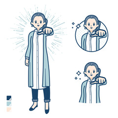 ロングシャツを着た女性が正面を指差しているイラスト