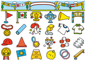 運動会,体育祭,体育,小学校,幼稚園,保育園,小学生,学校,運動場,運動,子供,体操服,リレー,応援,綱引き,玉入れ,大玉転がし,跳び箱,平均台,笛,表彰式,グラウンド,人物,うんどうかい,フラッグ,くす玉,メダル,トロフィー,バトン,旗,コーン,メガホン