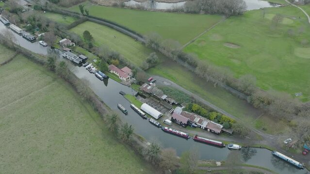 Canal Boat Houses, Narrowboats, Trent Lock, Long Eaton, Nottingham, Aerial Overhead, Dull Winter Day, UK