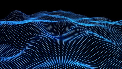 Blue wavy surface of scaling dots on a black background loop. 3d illustration