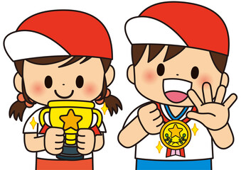 運動会,体育祭,メダル,トロフィー,小学校,幼稚園,保育園,小学生,学校,運動場,体育,運動,子供,体操服,人物,かわいい,人,グラウンド,男の子,女の子,帽子,5月,6月,10月,11月,素材,セット,イラスト,うんどうかい,５月,６月,９月,１０月,１１月,学校行事,中学校,春,秋,赤,白