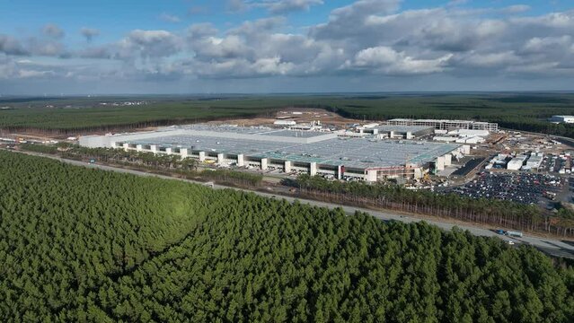 Aerial view of an electric car and battery factory in Gr&uuml;nheide, Germany