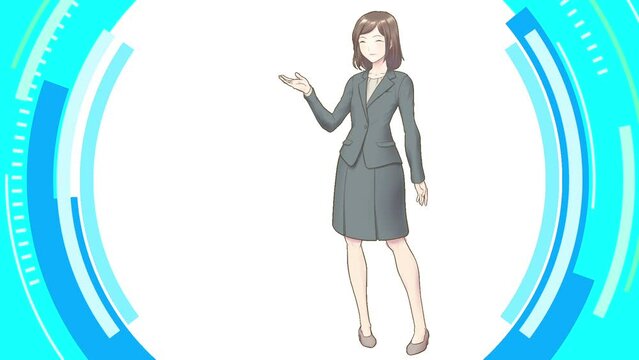 インフォメーションアニメ_案内や説明する女性A_お辞儀から紹介_待機YX_XYZ（※後半の&alpha;チャンネルを使えばジャギーが綺麗に抜ける、ストレート書き出し）