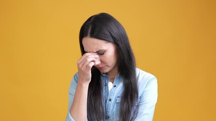Busy lady feel tiresome touch temples isolated shine color background