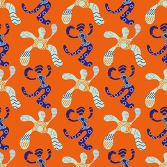 Funky dancing people vector pattern background. Fun backdrop of abstract dance figures with memphis design style texture. Indigo, orange repeat. Naive hand drawn all over print for tropical vibe
