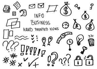 Info business hand painted doodles, icons. Watch, light bulb, clock, ask, lock, paper, lines. - obrazy, fototapety, plakaty