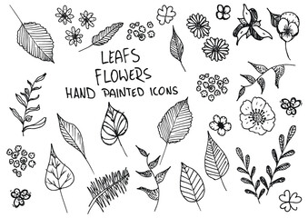 Leaf flowers hand painted doodles, icons. Twig, petal, clover. - obrazy, fototapety, plakaty
