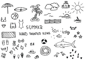 Summer hand painted doodles, icons. Swim suits, beach, bathing suit, sun umbrella, shark, fish, crab, glass, palm. - obrazy, fototapety, plakaty