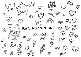 Love valentines hand painted doodles. Rainbow, lips, teddy bear, hear, pizza, lovers. - obrazy, fototapety, plakaty