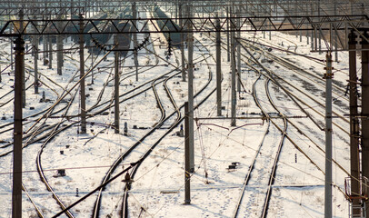 Railway cars and rails in winter.