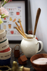 Coffee corner on the kitchen worktop, small glasses and a sugar bowl