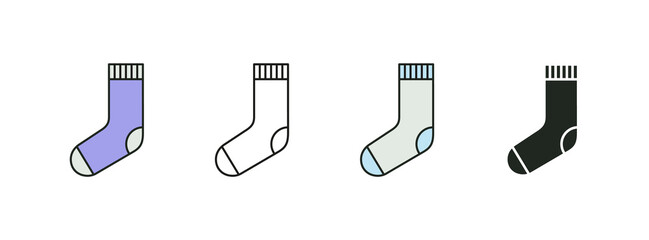 Icons set with different socks. Colorful, black and white variants. Quarter or anklets sock type. Vector illustration. Ideal for online store or package design. 