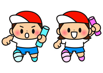 運動会,体育祭,走る,リレー,小学校,幼稚園,保育園,小学生,学校,バトン,運動場,体育,運動,子供,体操服,徒競走,人物,人,グラウンド,男の子,女の子,競走,かけっこ,帽子,6月,素材,セット,イラスト,うんどうかい,５月,６月,９月,１０月,１１月,学校行事,中学校,春,秋,かわいい