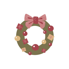 Christmas wreath with red ribbon. Decorated wreath of pine branches isolated on white background. Vector image