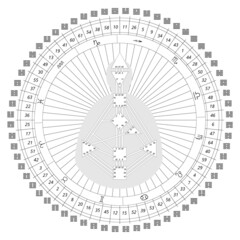 Fototapeta na wymiar Mandala human design with bodygraph, hexagrams i ching, zodiac signs. For presentation, educational materials. Black and white vector illustration