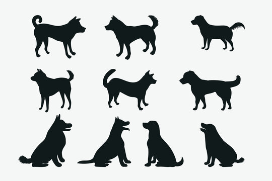 Dog silhouette collection on white background. Different kinds of dog breeds silhouette collection. Dog sitting and standing position silhouette vector set. Doggie silhouette vector bundle.