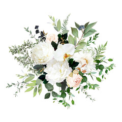 Blush pink roses, hydrangea, orchid, white peony flower vector design arrangement