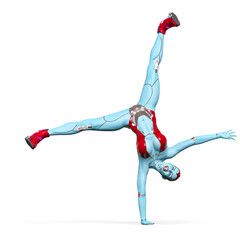 super cyborg girl is doing stunts in white background