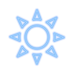 Fototapeta premium Blue neon sign of the sun or a flower with a large core and pointed petals isolated on white
