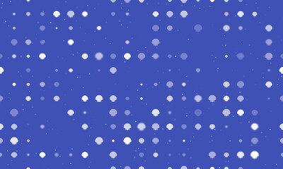 Seamless background pattern of evenly spaced white sea shell symbols of different sizes and opacity. Vector illustration on indigo background with stars