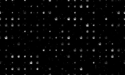 Seamless background pattern of evenly spaced white seaweed symbols of different sizes and opacity. Vector illustration on black background with stars