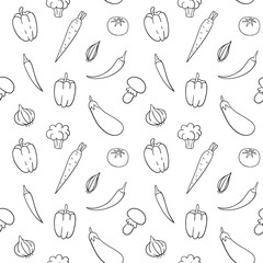 Hand drawn vector vegetables pattern for wrapping paper, textile and graphic design. Line art with fresh ingredients for cooking. Vegan diet elements.