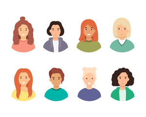 Portraits women of different hairstyle. Avatars female characters isolated on white background. Flat vector illustration.