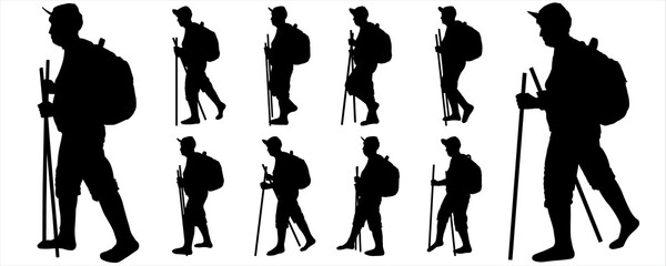 A tourist with a backpack on her back and walking sticks in her hand. The elderly woman walks. Woman on the move. Hiking. Side view, profile. Black female silhouettes isolated on white background.
