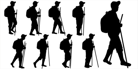 The elderly woman walks. Woman on the move. Hiking. A tourist with a backpack on her back and walking sticks in her hand. Side view, profile. Black female silhouettes isolated on white background.	